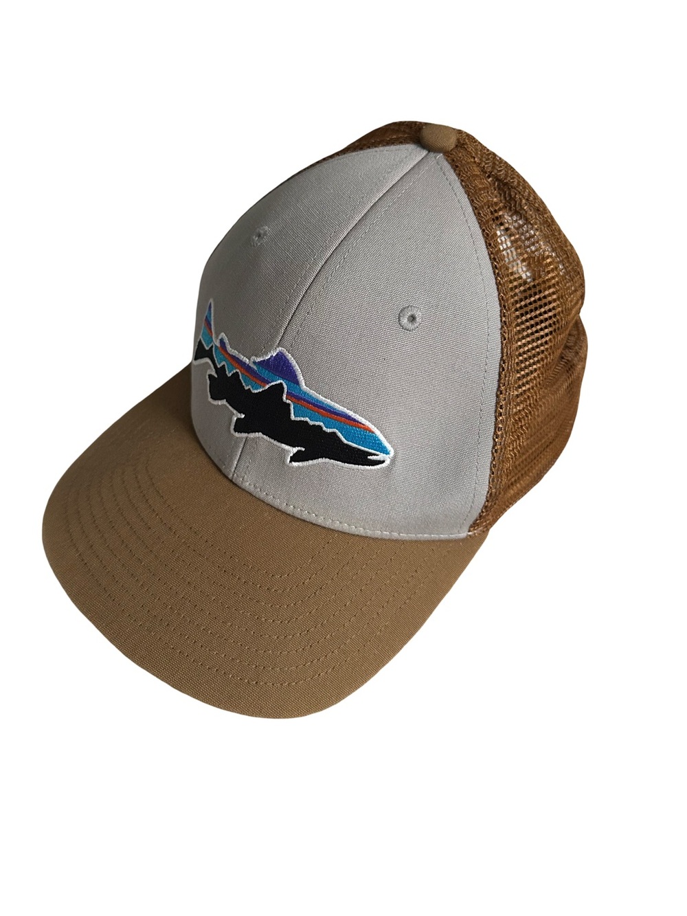Patagonia Fitz Roy Trout Mesh Back Trucker Hat - Brown & Gray SnapBack One Size